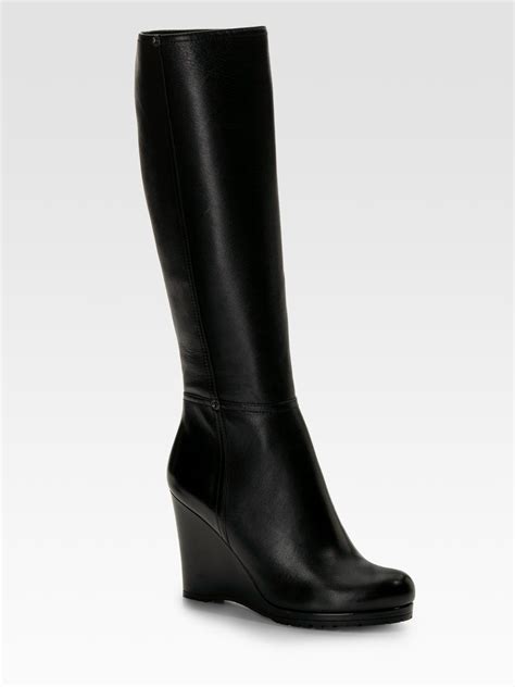 prada tall leather wedge boots|Prada high heel boots.